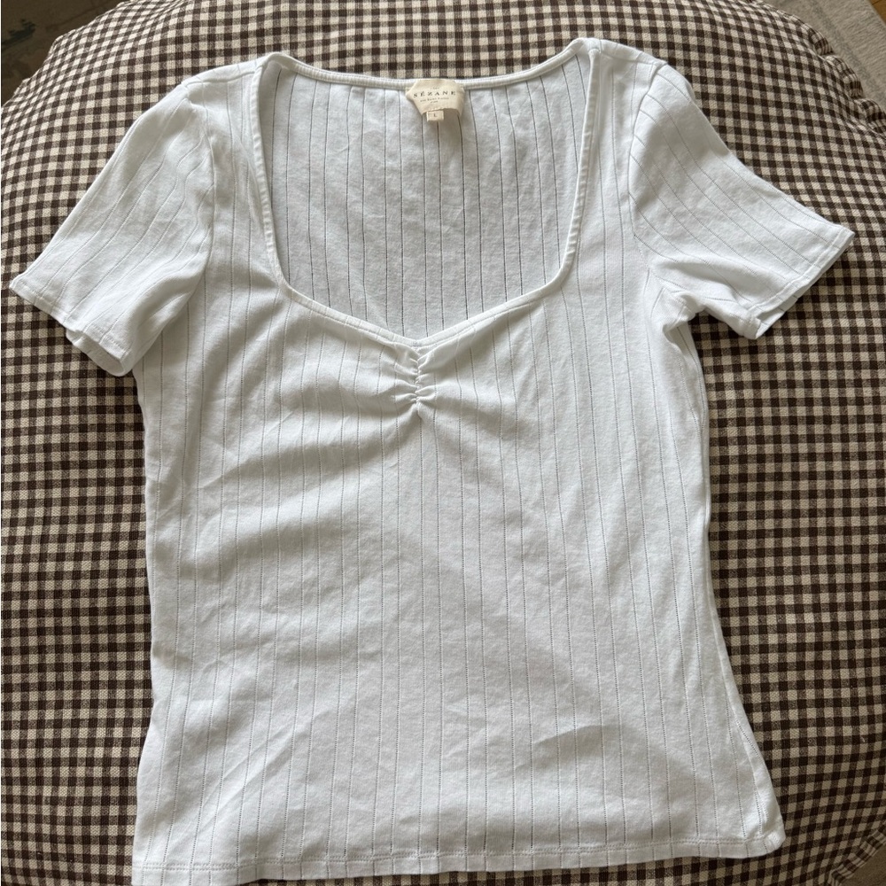 Sezane White Short Sleeve Ribbed Tee